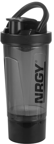 NRGY Protein Shaker 600 ml mit Pulverfach im Boden – auslaufsicherer Shaker Becher mit Sieb, Schwarz – Fitness Shaker für Proteinshake, Whey und Smoothies, spülmaschinengeeignet