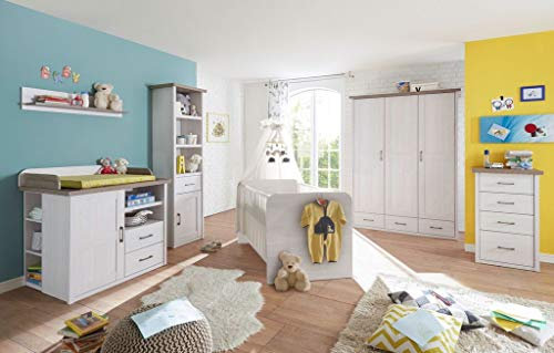Froschkönig24 Luca 2 Babyzimmer Set Kinderzimmer Komplettset Pinie Weiß/Trüffel