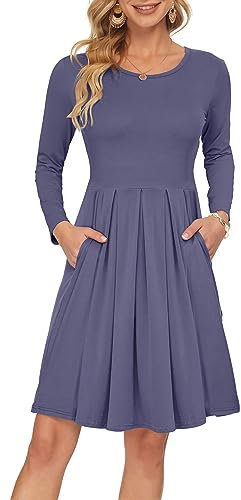 AUSELILY Women's Long Sleeve Pleated Loose Swing Casual Dress with Pockets Knee Length Purple Gray M
