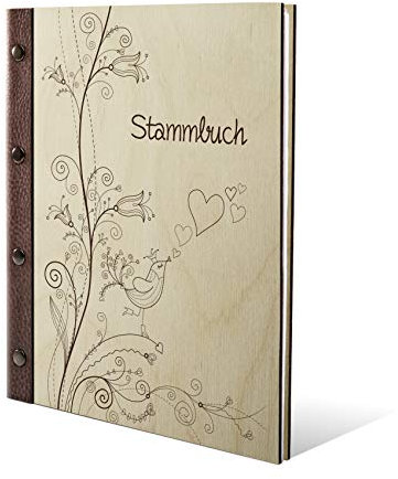 Stammbuch Birkensperrholz Holzcover mit Echtleder Rücken und Extras Stammbuchformat hoch 175 x 220 mm - Liebesbaum