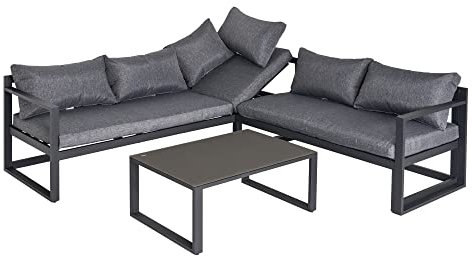 Outsunny Ensemble Salon de Jardin d'angle Design Contemporain Style Yachting 5 Places Coussins Table Basse Inclus Banquette 3 Places réglable alu. Gris