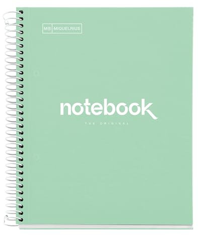 Miquelrius - Notizbuch A5 Punkte Notebook, 1 farbiger Streifen, 80 Blatt liniert mit Punkten (Dots), Papier 90 g/m² mikroperforiert mit 2 Bohrungen für 2 Ringe, Einband aus Karton, Farbe Mintgrün