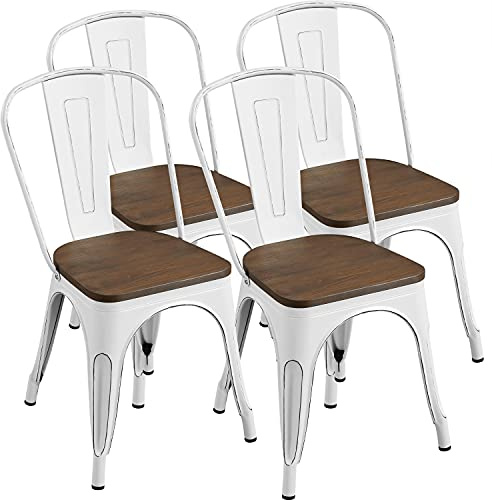 Yaheetech Metal Dining Chairs Set of 4, Stackable Kitchen Chairs, White