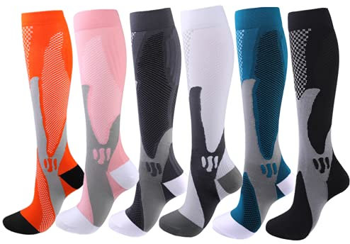 Cheeroyal Lot de 6 paires de chaussettes de compression 20–30 mmHg pour homme/femme, récupération, infirmière, course à pied, grossesse, avion, voyage, santé médicale, sport, Sport 1-6 paires, S-M