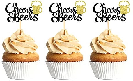 Ercadio 24 Pack Cheers and Beers Cupcake Toppers with Glitter Beer Mug Cupcake Picks Baby Shower Birthday Beers Festival Themed Party Cake Decorations Supplies Black