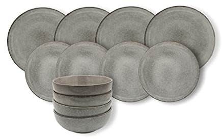 Cooks Professional 12 Piece Nordic Reactive Glaze Dinnerware Set | Includes 4 x Dinner Plates, 4 x Side Plates & 4 x Cereal Bowls | Microwave & Dishwasher Safe Ceramic Stoneware Dinner Set | Grey