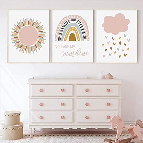 Boho Pink Rainbow Clouds You Are My Sunshine Kindergarten Leinwand Malerei Poster Und Drucke Wandkunst Bild Kinderzimmer Dekor 20x30cm(8x12in)x3 Innenrahmen