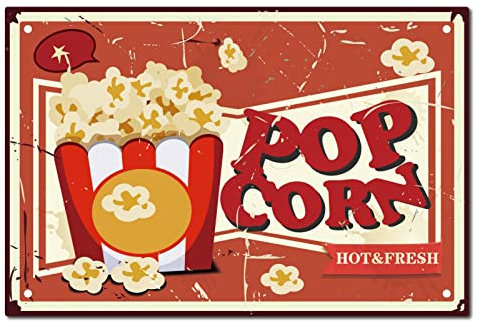 CREATCABIN Cartel de Chapa de Metal Pop Corn Hot Fresh Retro Vintage Funny Wall Art Mural Colgante Pintura de Hierro para el Hogar Jardín Bar Pub Cocina Sala de Estar Oficina Placa 12x8 Pulgada