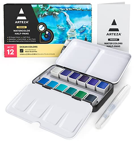ARTEZA Ocean Tones Watercolor Half Pans Set, 12 Semi-Moist Colors with Water Brush Pen, Travel Metal Tin for Seascapes, Coastal Landscapes & Plein Air Painting