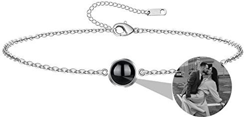 Nergaebe Benutzerdefiniertes Foto Armband für Frauen Personalisiertes Foto Projektion Armband mit Foto im Stein Sterlingsilber Kreis Foto Armband Kundenspezifisches Armband mit Bild