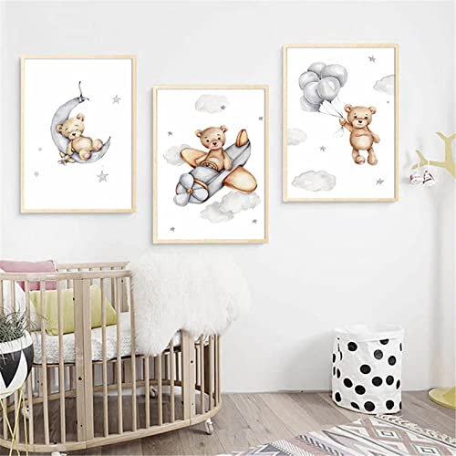 EXQULEG Bilder Babyzimmer Ohne Rahmen - 3er Set DIN A4 Poster Set - Bär Wandbilder Wanddeko - Babyzimmer Deko Kinderzimmer Mädchen und Jungen (30x40cm)