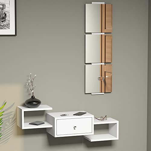 [en.casa] Set da Ingresso Composto di Pannello con Specchio Diviso in 3 e Mensola da Muro con Ripiani e Cassetto - Bianco