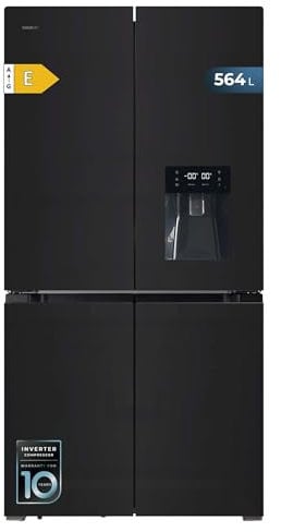 Cecotec Frigorífico Americano 4 Puertas de Cristal de 560 L Bolero CoolMarket 4D 564 Glass E. 183 cm de Alto, 91 cm de Ancho, Dispensador de Agua, Bajo Consumo, Motor Inverter Plus, Total NoFrost