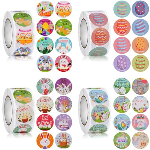 AhfuLife 2000 Stück Ostersticker, 4 Osteraufkleber Rolle Ostereier Hase Aufkleber Ostermotive, Schmucketiketten für Verpackung Ostergeschenke Kindergarten Schullehrer Basteln und Geschenk Deko