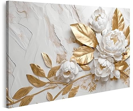 islandburner Bild auf Leinwand Marmor Textur Weiß Gold Farben Goldene Blumen Luxuriöses Design Bilder Wandbilder Poster JCTS-1K