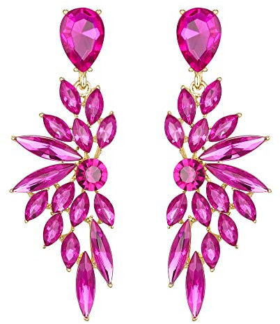 Clearine Women's Wedding Bridal Crystal Teardrop Multi Marquise Cluster Bling Dangle Earrings Fuchsia Hot Pink Gold-Tone