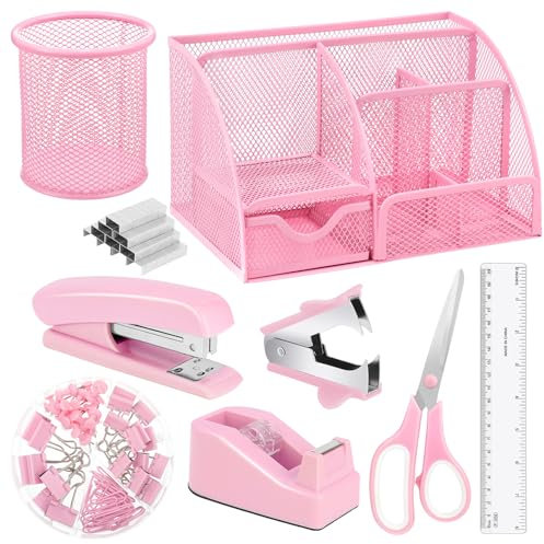 auroray Pinke Schreibtisch-Organizer und Zubehör, rosa Bürobedarf inklusive Netz-Schreibtisch-Organizer, Klebebandspender, Hefter, 1000 Heftklammern, Heftklammerentferner, Stifthalter, Clip-Set