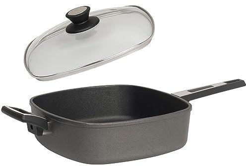 SKK Bratpfanne 28x28 cm - ohne Induktion - quadratische Guss Hochrand-Pfanne 2-tlg. mit Gegengriff & Deckel mit Edelstahlrand - Made in Germany
