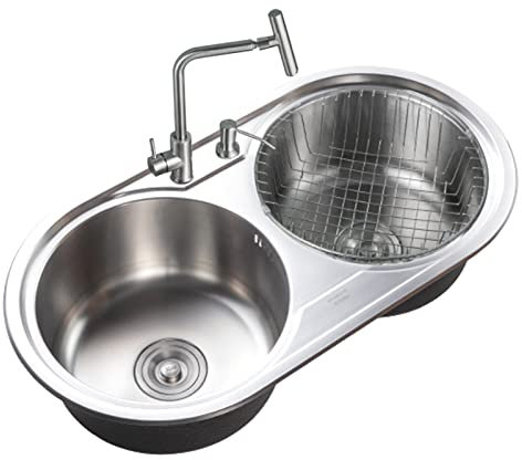 WhfPs Küchenspüle, Doppelwaschbecken, Edelstahl-Küchenspüle, Unterbauspüle, rundes Doppelwaschbecken, Barspüle, Arbeitsplatz mit Abfluss, Seifenspender und Wasserhahn (Farbe: Silber, Größe: E)