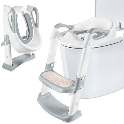 AQXONG Toilettensitz für Kinder,Toilettensitz mit Treppe,Rutschfester Kinder Toilettensitz,Toilettensitz mit PU Kissen,Höhenverstellbar Klappbar,Toilettenadapter für Jungen und Mädchen(Weiß, Grau)