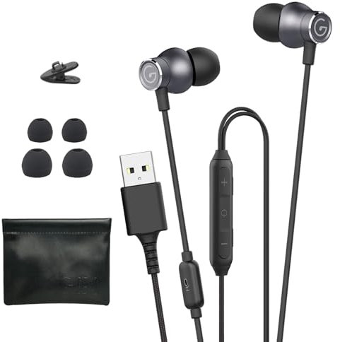 GEVO USB Earbuds with Microphone for PC Laptop, Wired USB Computer in-Ear Headphone 2M/6.6FT Wired Earphones with Volume Controls & Mute Fuction Noise Cancelling Mic for Office Live Gaming Headset
