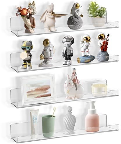 Boxalls Acrylic Clear Shelves - 4 Pack, 15 Inches Wall Storage Organizer Floating Shelf for Bathroom, Bedroom, Kitchen Variety Room, High Transparency Acrylic Waterproof Shelves