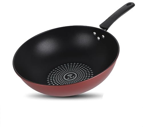Verdant Touch Frying Wok Frying Pan Flat Bottom Cooking Wok Cast Iron Kitchen Ware with Handle for Soup Stew 32cm / 12.6in