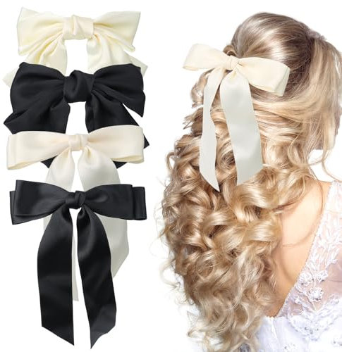 TOPBELIEF Barrettes à Cheveux en Satin Soyeux, 4 Pièces Arcs à Cheveux Grand Pinces à Cheveux, Pinces à Cheveux avec nœud, Pinces à Cheveux en Tissu français pour Femme, Noeud Cheveux, Beige, Noir
