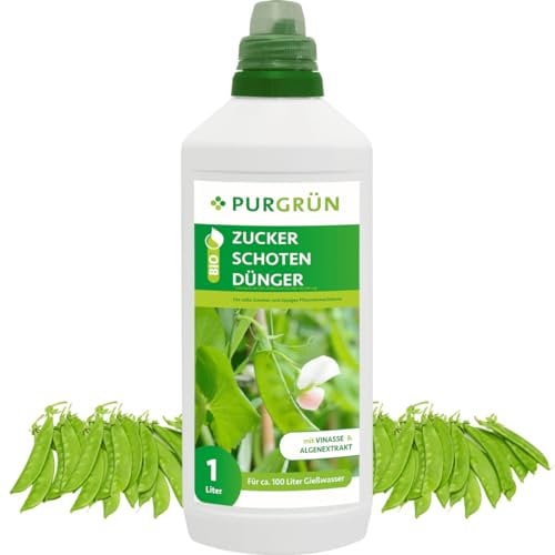 Purgrün® Bio-Zuckerschoten-Dünger | Organische Rezeptur | Premium-Flüssigdünger | NPK 4+1+7 | Mit Algenextrakt & Vinasse | Extra Kalium für knackige Zuckerschoten | 1 Liter
