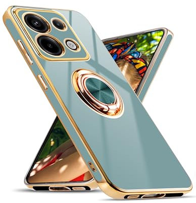 Jusy Hülle für Xiaomi Redmi Note 13 Pro 5G / Poco X6 (Nicht für Note 13 Pro 4G), mit 360° Drehring, Magnetständer - Stoßfestes Gehäuse mit luxuriösem Glanz-Finish und Elektroplattierung, Grau/Gold