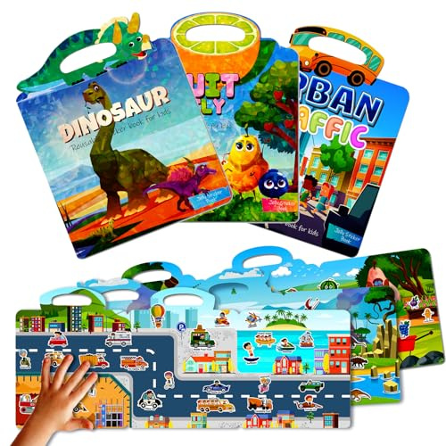 Felly 3 Pack Wiederverwendbare Stickerbuch ab 2 3 4 5 6 Jahre Kinder Fahrzeuge Obst 3D Stickers Montessori-Lernspiele Spielzeug Geburtstag Geschenk für Junge Mädchen
