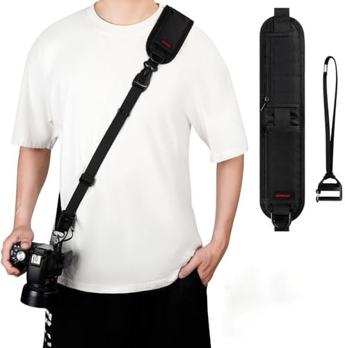 LETREEN Sangle d'épaule antidérapante avec libération rapide et sangle de sécurité, sangle réglable pour appareil photo reflex numérique Nikon, Canon, Sony, Fuji, Noir , taille unique