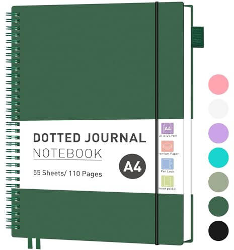 RETTACY Notizbuch A4 Gepunktetes, Bullet Dot Journal, Leichtgewicht Collegeblock, 55 Blatt / 110 Seiten Zum Schreiben, 100gsm, PVC Rinbuch, für Frauen Männer Arbeit Büro, 21,5 x 27,9cm - Dunkelgrün