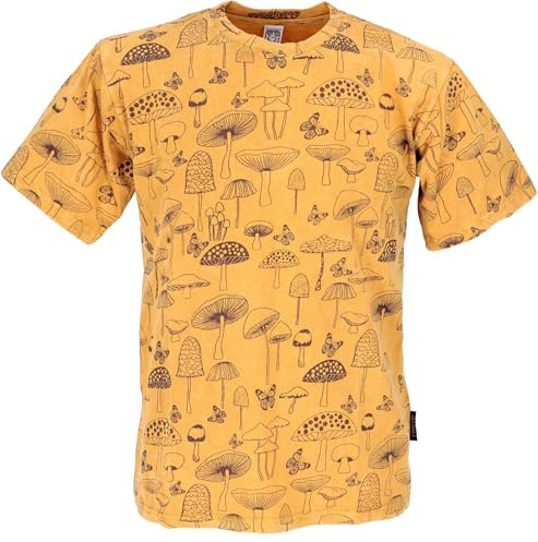 GURU SHOP Tibet & Buddhist Art T-Shirt, Pilz Stonewash T-Shirt - Gelb, Herren, Baumwolle, Size:XL