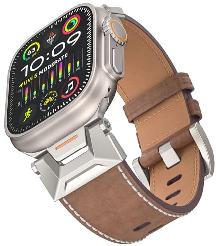 ALFARAY Compatibile con Cinturino Apple Watch Ultra 1 2 49mm, Pelle Cinturino con Connettore In Acciaio Inox per iWatch Series 10 46mm 9 8 7 45mm SE 6 5 4 44mm 3 2 1 42mm, Titano/Marrone Caffè