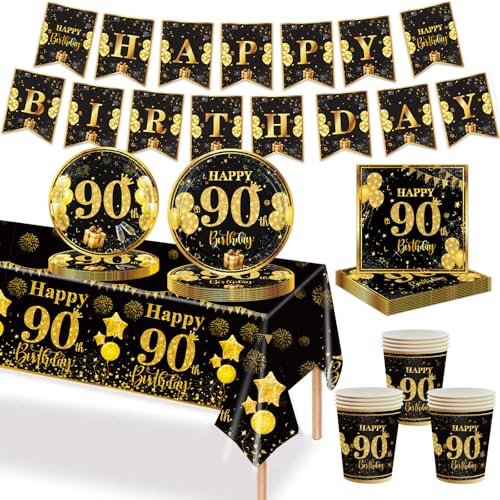 MORAINJAY 70Pcs 90th Birthday Tableware Black Gold, 90th Paper Plates, Cups, Napkins, Banner, Table Decoration Set for Men Women 90th Birthday Party Supplies(16 Guests)