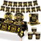 MORAINJAY 90. Schwarzes Gold Partygeschirr Geburtstag 70 Teiliges Set. Pappteller, Pappbecher, Servietten, Papierbanner, 90 Jahre Party für Herren und Damen Geburtstag Tischdeko