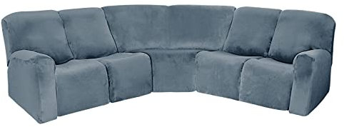 L-förmiger Stretchbezug für Liegestuhl, Sektionalcouch und Ecksofa, 7-teilig, Samt, Graublau