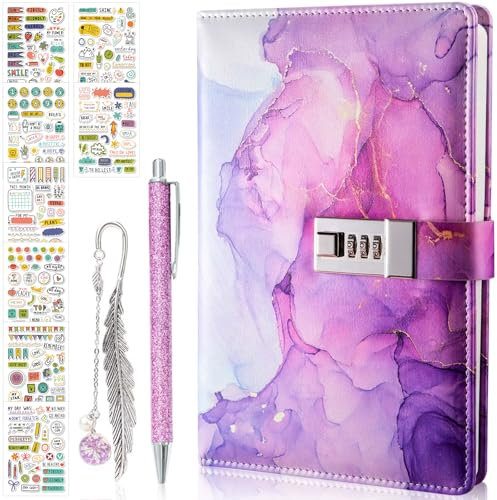 Joollurm Tagebuch mit Schloss für Mädchen und Frauen, A5 PU Leder Journal mit Passwort für Geschenke, 200 Seiten Lila Secret Marble Notizbücher mit Stift Lesezeichen süße Aufkleber