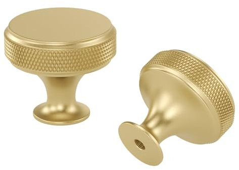 LONTAN 5 Pack Brass Knobs Gold Knurled Cabinet Knobs, Single Hole Gold Handles Aluminum Alloy Brass Cupboard Handles