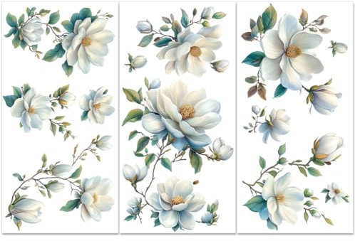 PLIGREAT 3 Blätter Magnolie reiben auf Transfer für Möbel Aquarell Blumenn reiben auf Aufkleber Vintage Blumen reiben auf Transfer Aufkleber für Holz Schrank Scrapbooking Handwerk dekorativ