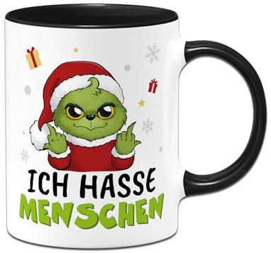 Tasse Baby Grinch - Ich hasse Menschen - Weihnachtstasse lustig, Kaffeetasse mit Spruch - Geschenk für Anti Weihnachtsmuffel an Weihnachten, Kollegin (Schwarz)