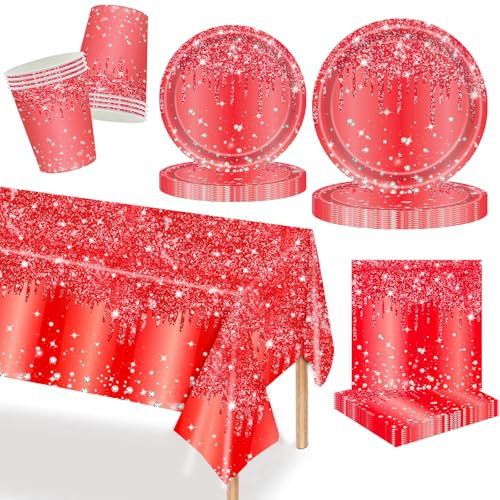 MORAINJAY Service de table de fête rouge 69 pièces - Assiettes en carton rouge, gobelets, serviettes, anniversaire, mariage, Saint-Valentin, Noël, décoration de table, fournitures de fête de vacances