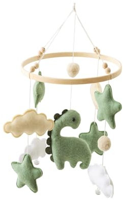 Grüner Dinosaurier Mobile für Babybett mit Wolken und Sternen, Filzbälle und Hängendes Windspiel - Spielzeug für Neugeborene, Geschenk