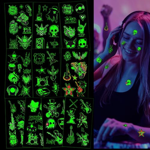 Qpout 10pcs Brillan En La Oscuridad Rock and Roll Tatuajes Temporales,Negro Luminoso Música Guitarra Rock BandStar Tatuajes Falsos Pegatinas para los 90 Fiesta de Cumpleaños Temática Favores