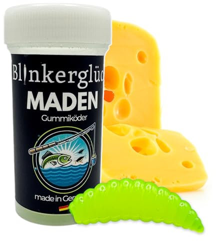 Blinkerglück Kunstmaden – 12 Stück 3 cm weiche Maden mit Käse-Aroma in wiederverschließbarer Dose (Gelb (UV-Aktiv))