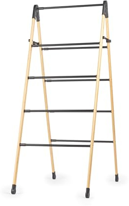Beldray 4 Tier Clothes Airer-Folding Ladder Design, Bamboo Frame, Steel Poles, Maximum 10 kg, Lightweight, Compact Storage, Expands Horizontally from 3.4 m to 6.1 m, Aluminium, Wood, L