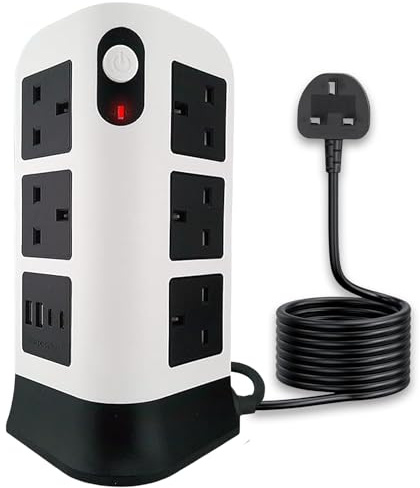 TB1 12-Gang Surge Protected Extension Tower with USB-C & USB-A, 3250W Multi Plug Power Strip with Switches, 1.8M Cable, Flame Retardant Build for Office, Desk & Home Use