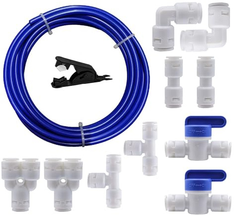 HAXIHA Blau Wasserzulaufleitung Universal Anschluss-Set 5M,Kühlschrankschlauch,RO Water Filter Fitting Schlauchverbinder,für1/4 Zoll Schlauch Wasserschlauch(Y+T+I+L Typ Combo+Absperrventil)