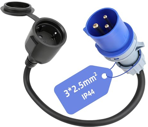 CHRI CEE Stecker Adapter Schuko CEE Kabel Camping Strom Adapter ip44, 230V, 16A, 3-pol, 3 * 2,5 mm², mit Klappdeckel, Blau